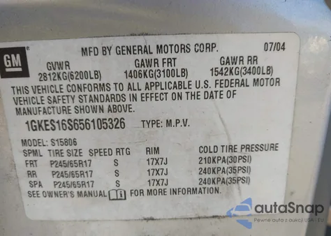 2005 GMC Envoy Xl Sle z USA, uszkodzony, nr VIN 1GKES16S656105326